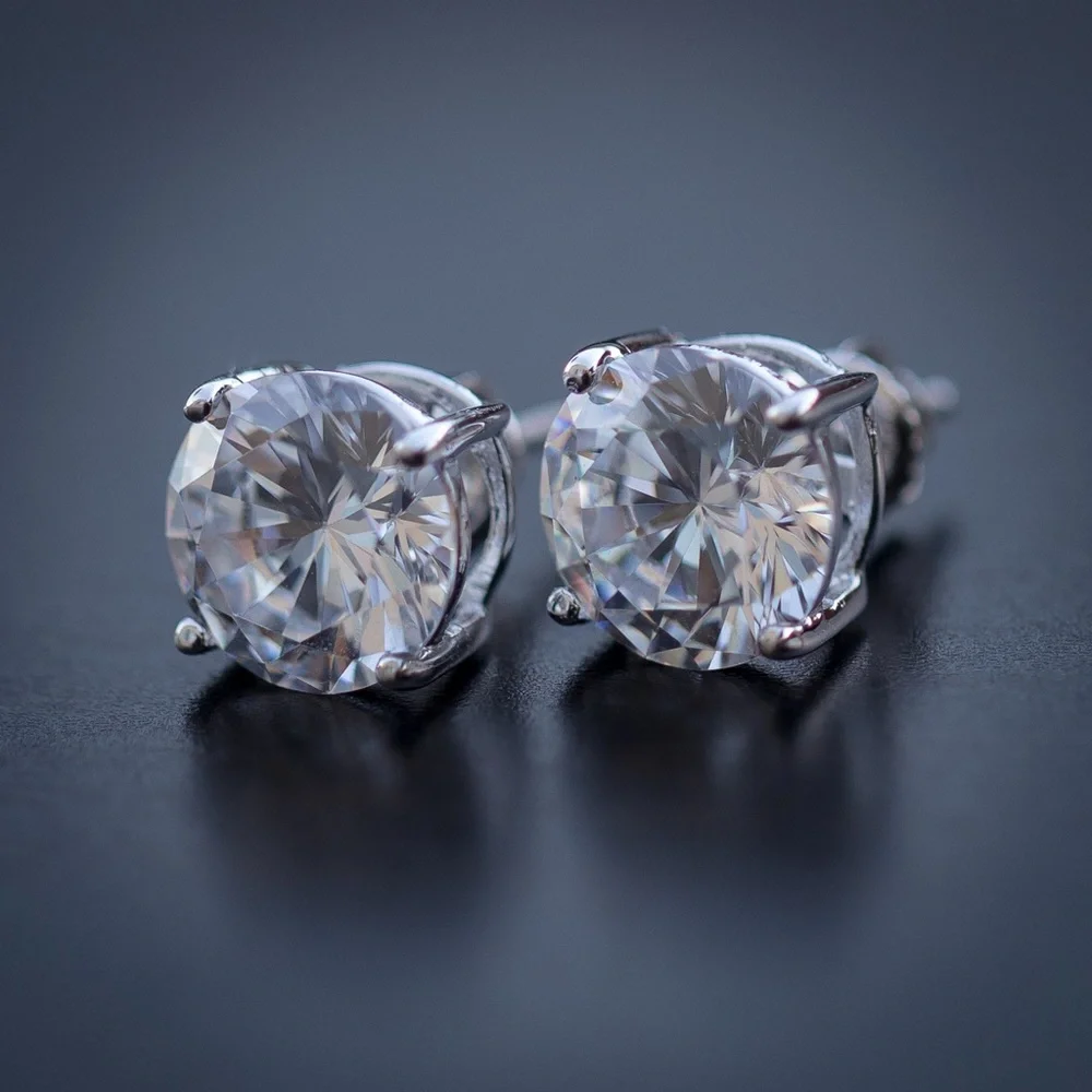 Unisex 10mm Brilliant-Cut Diamond Stud Silver Earrings - Picture 2 of 4